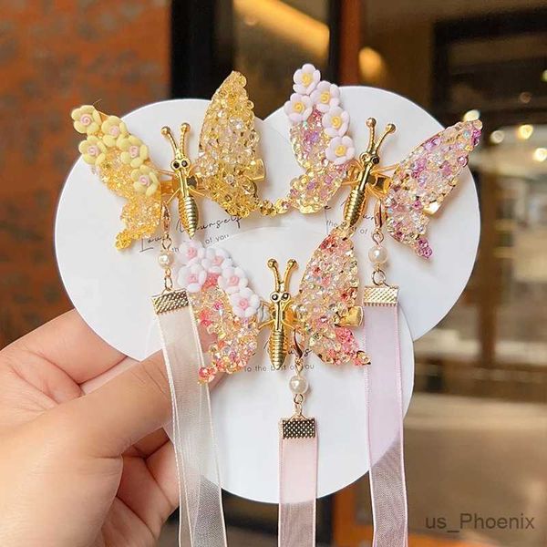 Acessórios para o cabelo Novos filhos Summer Butterfly Rhinestone Hairpin Clip Sweet Pearl Style antigo Barretes Hairpins Kids Hair Acessórios