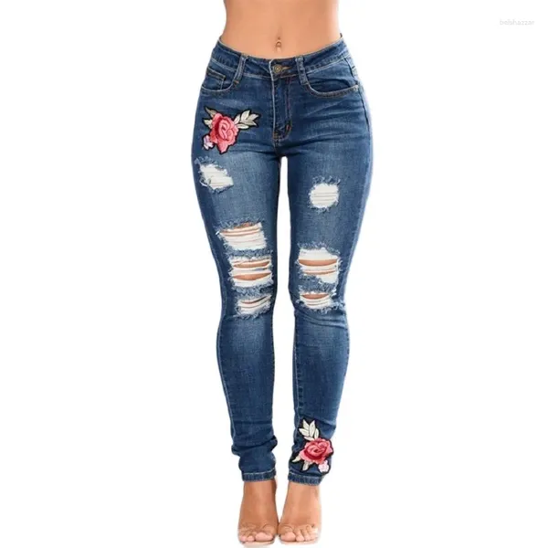 Женские джинсы 2024 Женские темно -синие винтажные цветы вышивки сексуальные разорванные карандашные джинсовые брюки женские стройные брюки
