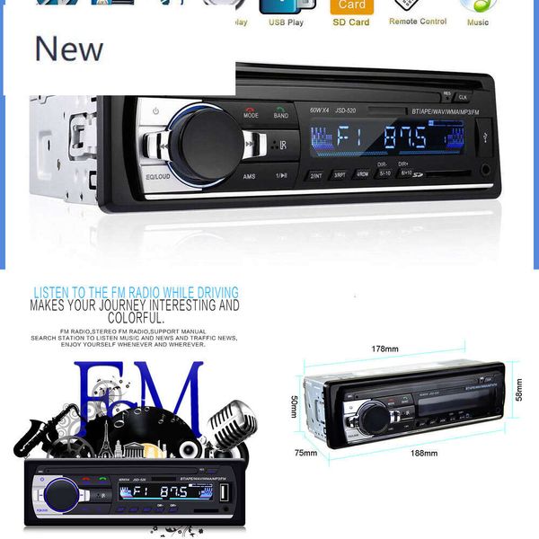 Neues Autoradio 1 Din Bluetooth Car 12V JSD-520 SD Aux-In MP3 Player FM USB Auto Audio Stereo In-Das-Koch-Radio-Coche