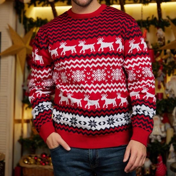 Pullover gestrickte Top -Pullover Männer Strickwaren Sweater Langarm Schneeflocke Elch Muster Weihnachtsstil Casual Crew Neck Urlaub Outfit