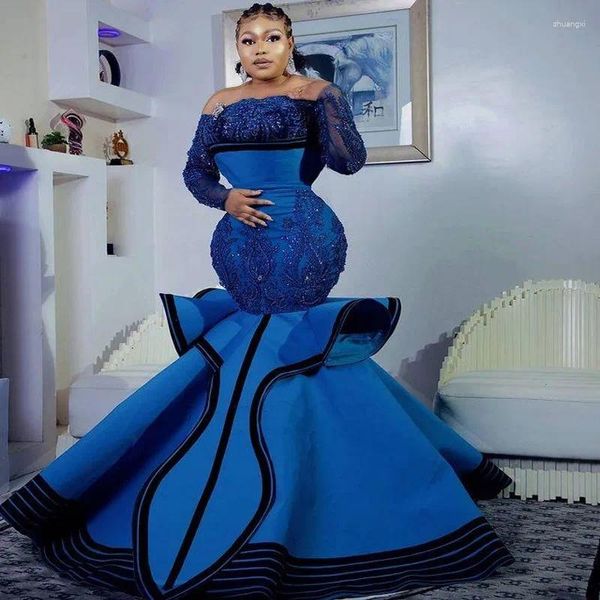 Vestidos de festa aso ebi royal azul sereia noturna apliques com mangas compridas de mangas compridas vestidos de baile de raiva de plus size mulheres vestidos de mulheres