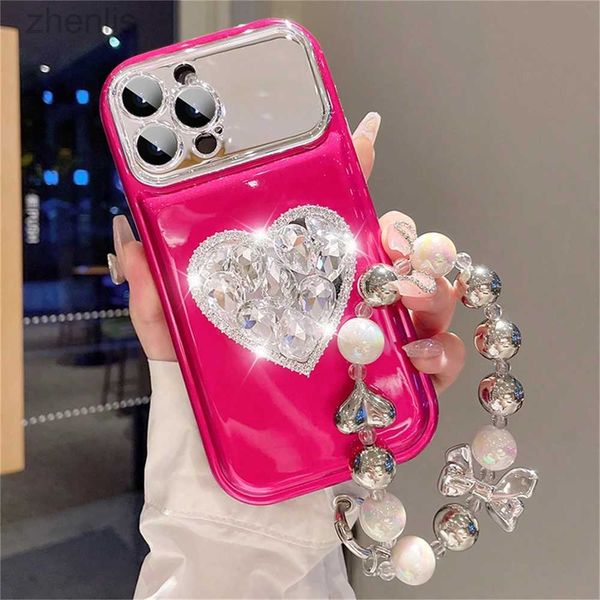 Casos de telefone celular Pulseira de luxo Pulseira de arco grande capa de telefone da janela para iPhone 15 Pro Max 14 Pro 12 11 13 Diamond Love Heart Mirror Titular Tampa D240424