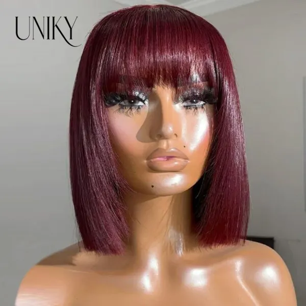 Wigs 99J Burgundy Red Straight Short Bob Human Hair Wig с челкой для женщин коля