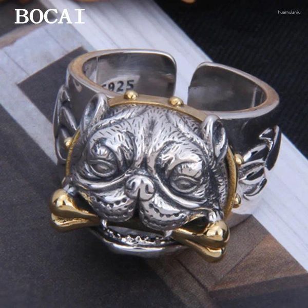 Clusterringe Bocai S925 Sterling Silber Retro Domineering Sternhund mit Messing Bone Stick Mops Ring Herrengeschenk eingelegt