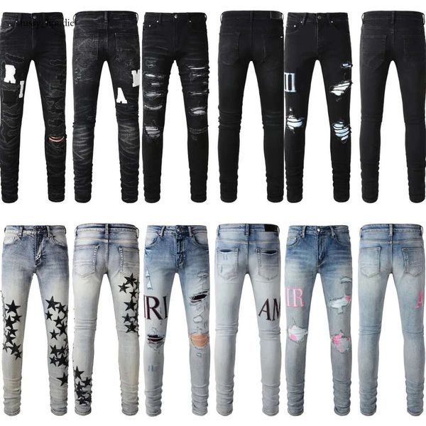 Mannhose schwarze dünne Aufkleber Leichte Wäsche Amri Jeans zerrissen Motorrad Rock Revival Jogger wahre Religionen Amri Männer Hochqualitäts -Markenhosen Jeans 8832