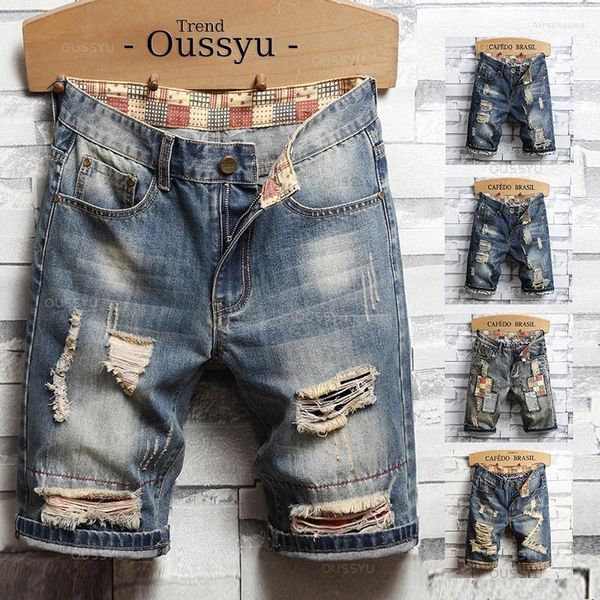 Мужские джинсы летние хлопковые разорванные джинсовые шорты Тонкие повседневные прямые ретро -байкерскую длину колена короткая мужская уличная одежда плюс размер