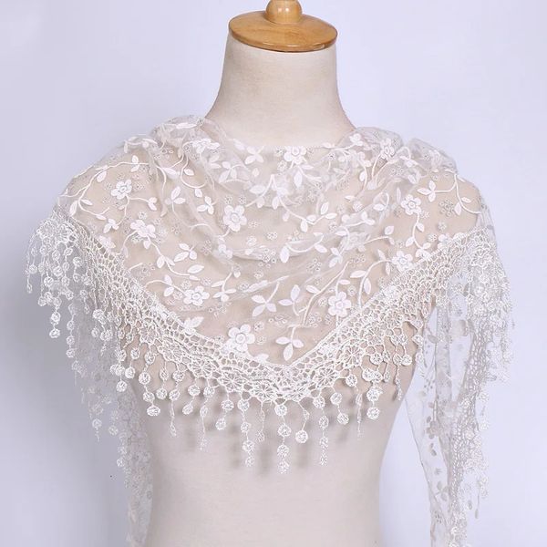 Moda elegante Flor Fringed Triangle Lengh Women Women White Lace Shawl Brial Limpa de Cabeça Decoração de Casamento do Pescoço 240417