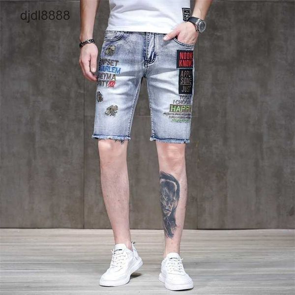 Slim Fit Denim Fünf -Punkte -Stickerei mit Pelzkanten Sommer Dünnmodet Label Distressed Casual Mens Shorts Trendy Trendy