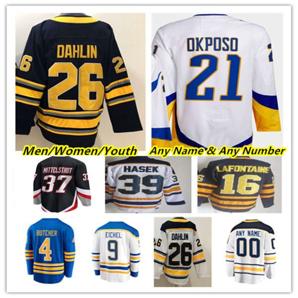 Kob Rasmus Dahlin Hockey Trikots Tage Thompson Alex Tuch Jeff Skinner Victor Olofsson Casey Mittelstadt Kyle Okposo Craig Anderson Dylan Co