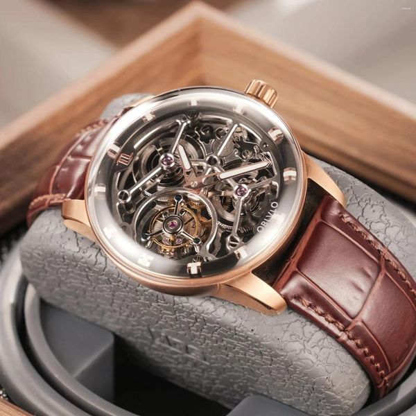 Orologi da polso oblvlo uomini che volano tourbillon orologi meccanici Dome sapphire vetro in oro rosa oro scheletro quadrante trasparente manuale-vento