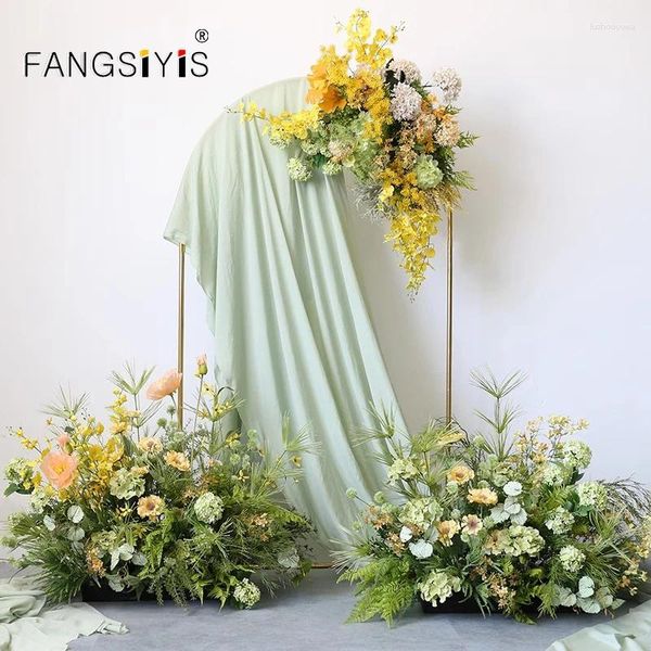 Flores decorativas Arco de casamento Decoração de cenário artificial Amarelo Planta Verde Flor Rinha Arranjo pendurado no piso da festa de canto