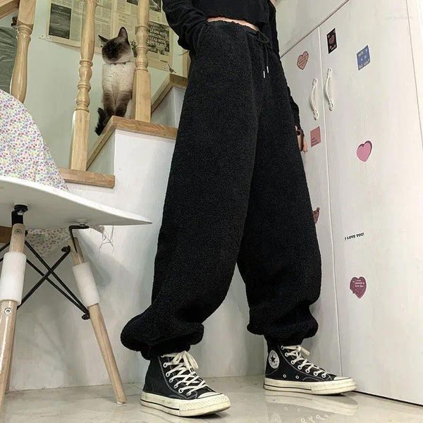 Frauenhose Qweek graue Wolle warme Jogginghose Winter Fleece koreanische Modesport gebürstet Harajuku Hippie Casual Basic Hosen