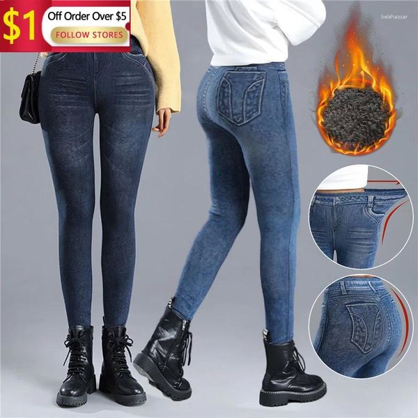 Frauen Jeans Imitation Denim Leggings für Frauen im Herbst und Winter tragen hohe Taille große Größe Eiferenzweichen