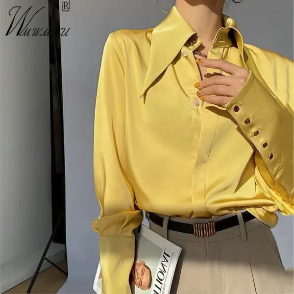 Рубашка роскошные офис атласные блузки женщины тонкие рубашки OL дизайн заостренный воротник