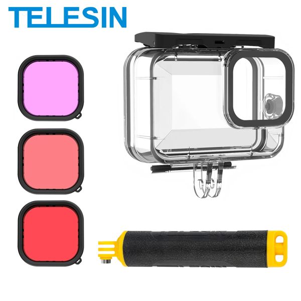 Filtros Telesin 60m Case de carcaça à prova d'água para o herói GoPro 12 11 10 9 Proteção de mergulho Lens de lente de lente de filtro de filtro de flutuabilidade Conjunto de haste