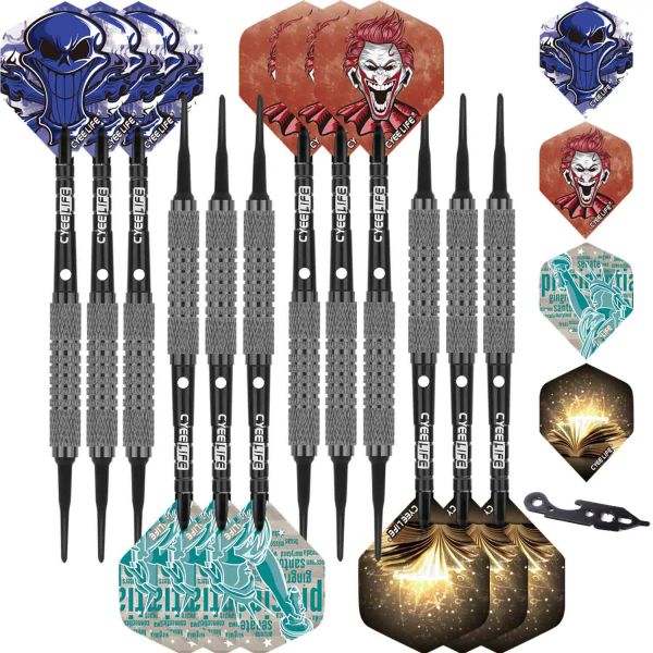 Darts Cyeelife 13/15g Dica macia Darts com eixos de alumínio fortes de gordura, 12 pacotes vôos extras+ferramenta+100 pontos de plástico, conjunto de dardos domésticos