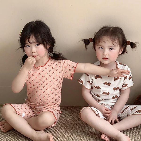 Kleidung Sets Korean Baby Girl Sommer Pyjama Set dünner zweiteiliger Anzug Polka Dot Drucken Hauskleidung Kausale Kinderbär Nachtwäsche