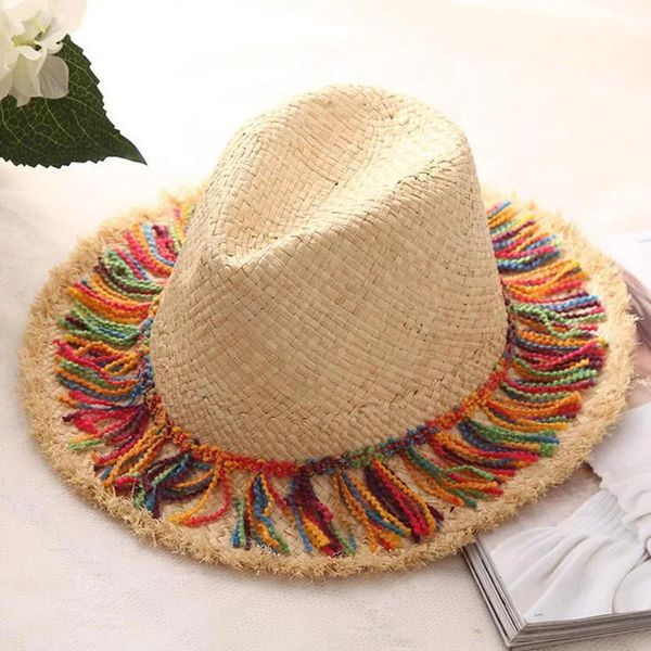 Moda feminina ampla palha chapéu de verão estilo rafia lhures desbaste dobrável capeau paille praia panamá chapéus 240423