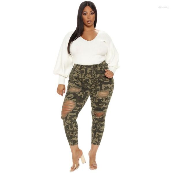 Calça feminina plus size mulheres rasgou a camuflagem L-5xl Ladies