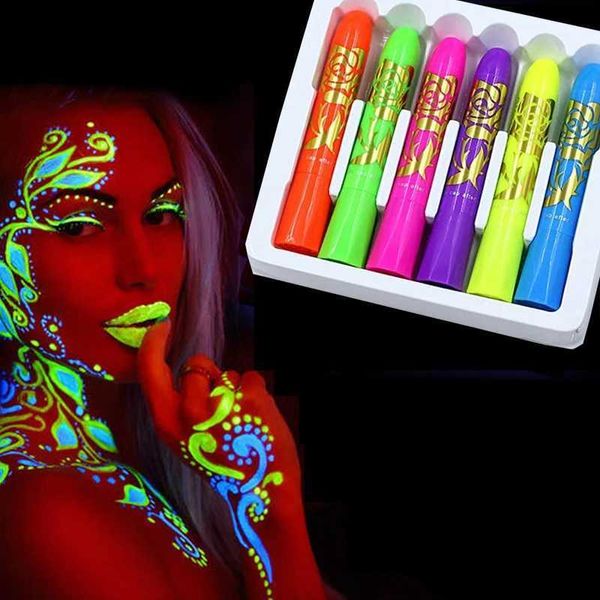 Körperfarbe 6pcs Halloween Glow Pop in dunkles Gesicht Schwarz Licht Farbe UV Neon Gesicht Körperfarbe Crayon Kit Fluoreszenz Make -up -Marker Weihnachten D240424