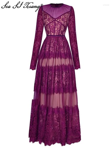 Vestidos casuais mar Seasixiang Designer de moda Autumn Lace Maxi Mulheres O-Gobes Mossa Longa de Mesh Longo Party Vintage de Waate Vintage