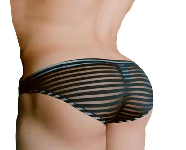 Cuecas masculam roupas íntimas de seda de seda transparente listrada cuecas finas com cintura baixa malha sexy bolsa respirável bulge juventude calcinha masculina p6605217