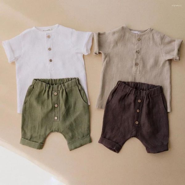 Roupas conjuntos de linho para menino definido camisa de manga curta e shorts para crianças crianças duas peças verão