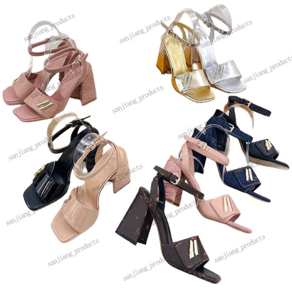 Shake Slingbacks Sandal Womans Золотые серебряные теленки Кожаная подкладка для ягнята, ремешок для ремня, коренастый блок высокий каблук 9 см. Металлические аксессуары модельер обувь Большого размера 34-41