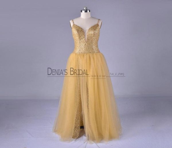 2018 Fairy Gold Aline Vestidos de noite com espaguete de cintura derrubada Bling Glitter Tulle Backless Sexy Party Party Prom Douns3847699