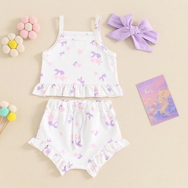 Kleidung Sets Baby Girls Summer Outfits Star Print Ruffen Sem Cami Tops mit Shorts und Bogenstirnband 3pcs Set