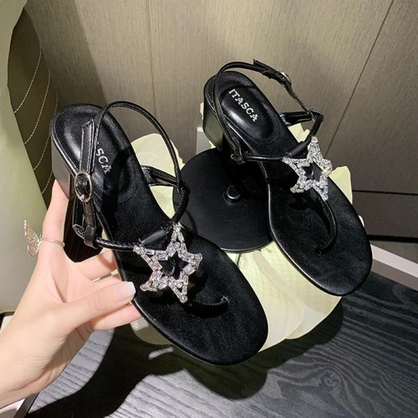 Stivali Fashion Women Sandals Clip Toe Black Silver Star Flat Teli medi Cinta per festa Sexy Pompe da festa Sandali da donna Domande 3539