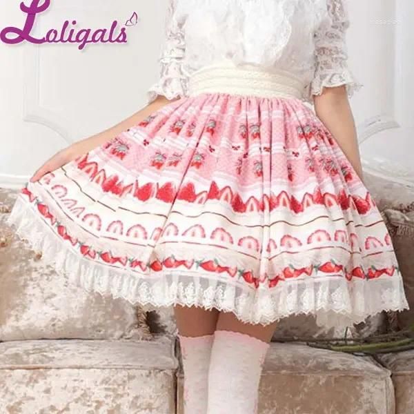 Saias doces rosa lolita morango com renda estampada de saia do joelho plissada para menina