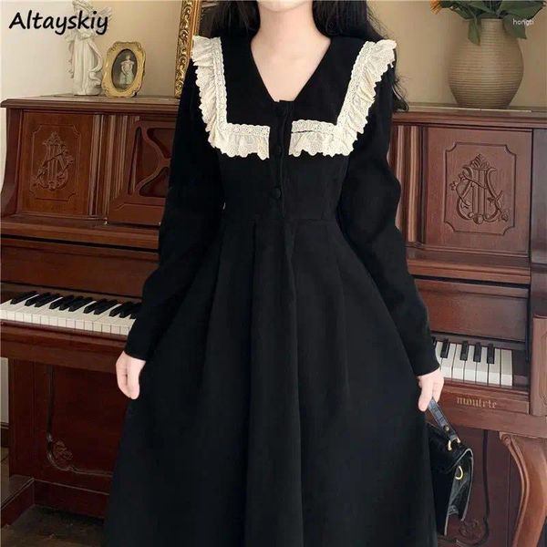 Vestidos casuais femininos lace babados moda de retalhos de retalhos de estilo coreano de estilo coreano Autumn adorável