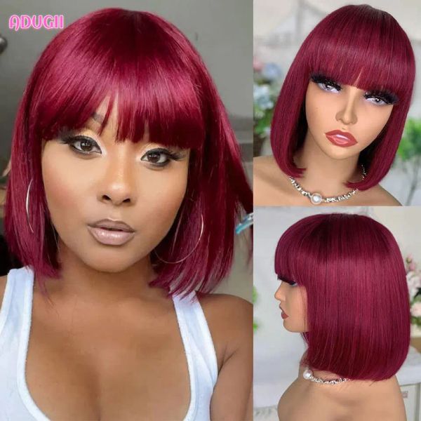 Perucas 99j Borgonha vermelho reto Bob Human Wigs Com Bang Brasy Remy Hair Short Bob Wigs para mulher Máquina completa feita colorida