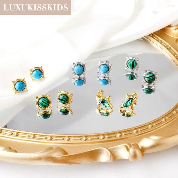 Серьги для гвоздики Luxukisskids Vintage Luxury Blue Burquoise Green Round изысканный королевский стиль Moire Patter
