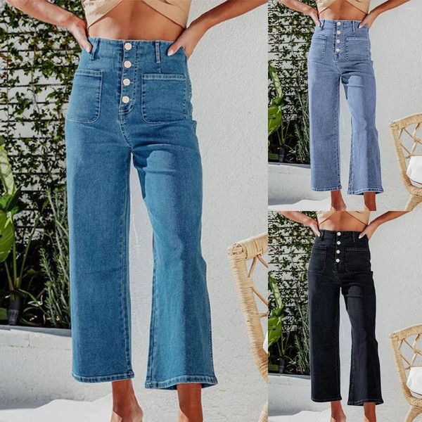 Frauen Jeans mit hoher Taille mit hoher Taillie, gerade geknöpften Frauen Kleidung Jean Jumpsuits Hosen