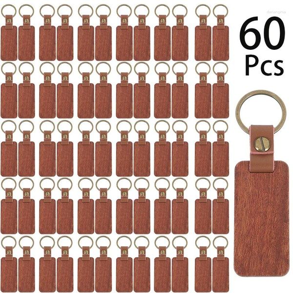 Schlüsselanhänger 60pcs Rechteck unvollendeter Holzschlüsselring Holzleder Schlüsselbund Blank DIY Keyrings