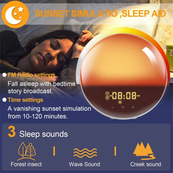 Accessori Nature Wake Up Light Alarm Clock con Sunrise/Sunset Simulazione Dual Alarms FM Radio Snooze Atmosfera LED Night Light