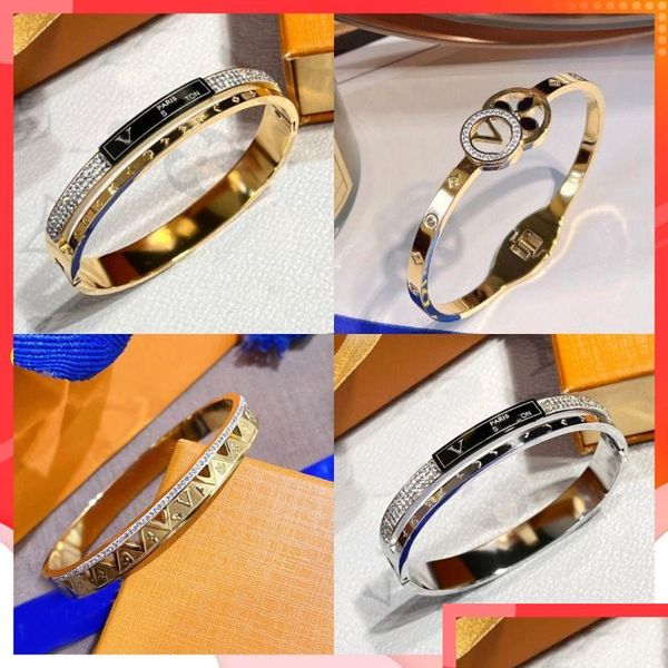 Bangle Luxury Jewelry Designer Crystal Bracelet Women Cuff Brand Wide Wide Pulseiro New 18K Gold Batilhed 925 Sier Padrado Deli Stainless Deli Dhod4