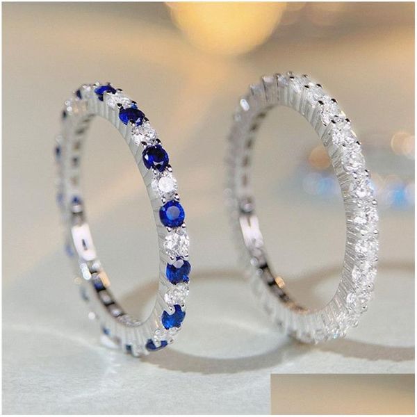 Bandringe 0.2ct Diamond Designer Ring für Frau 925 Sterling Sier Round Pink Blue White Zirkonia Liebe Wed Engagement Luxusschmuck w Dhh3p