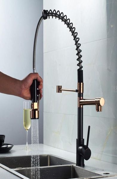 Roségold schwarz mit roségoldener Küche Frühling Wasserhahn Pull Down Dual Spout