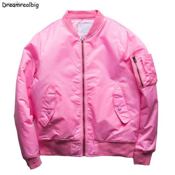 Jackets masculinos masculinos de jaqueta de bombardeiro rosa acolchoado/fino jaqueta -piloto com zíper para o gola de bolso de gola japonesa de estilo japonês