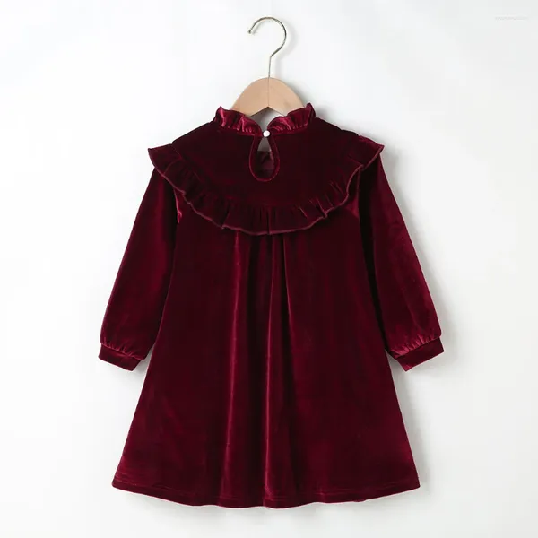 Abiti da ragazza Autunno inverno 2024 Girl Dress Abito a maniche lunghe Veluffio Vino Collar Red Solido Solt Sweet Baby Vestidos 2-6T