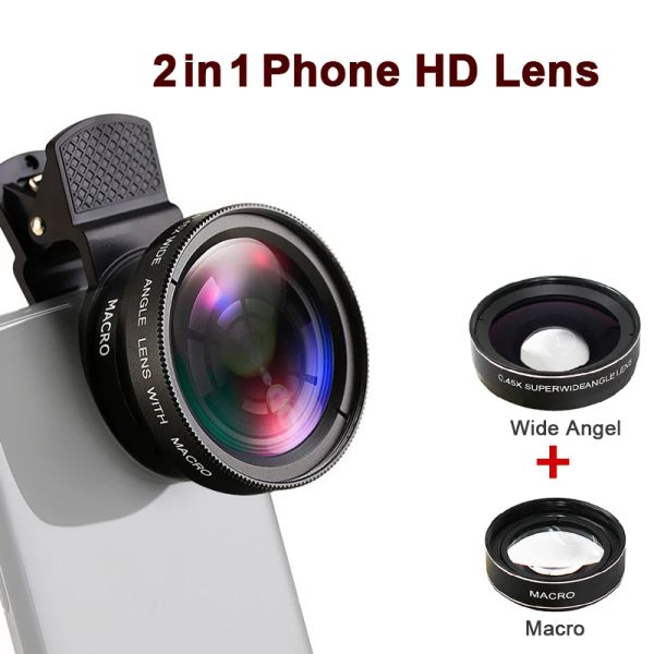 Filtros lentes de câmera do telefone HD Professional 0,45x 49uv super amplo angular 12,5x Macro Lens Universal Clip 2 em 1 kit para smartphones para iPhone