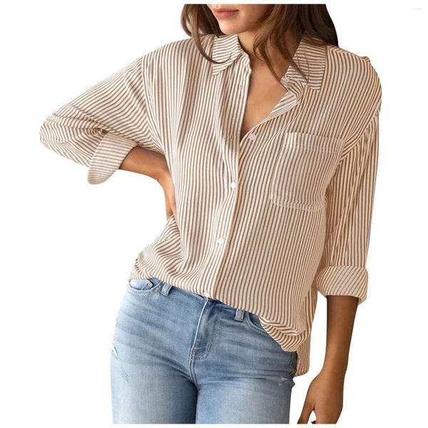 Женские блузки 2024 рубашка полосатой принт классический пуговица с длинными рукавами блузы повседневные карманы ежедневные топы летние дамы