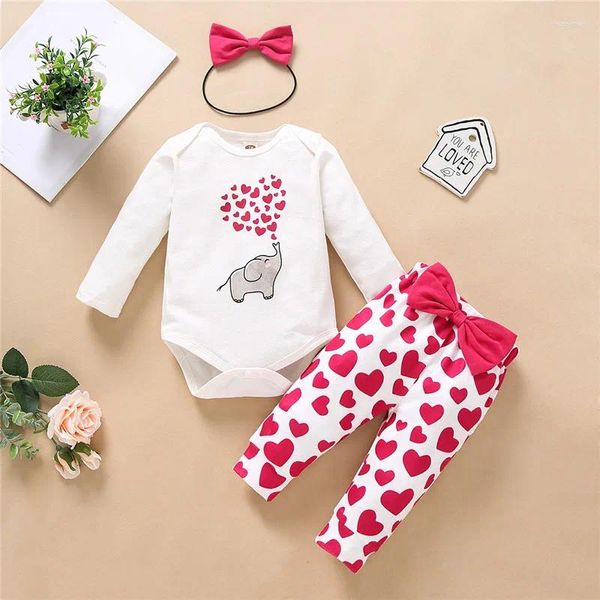 Giyim setleri 0-18 aylık bebek kızlar 3pcs kıyafetler seti karikatür fil uzun kollu tulum ve kalp desen pantolon bebek kıyafetleri
