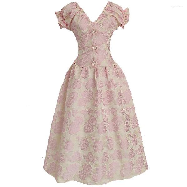 Partykleider 18191#Elegant Rose Jacquard V-Ausschnitt Prinzessin Kleid mit Puffärmel Pearl 3d Blumen Abend Geburtstagskleid für Frauen