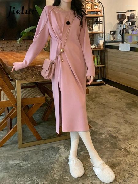 Vestidos casuais Vestido midi rosa de inverno Mulheres de manga longa Slim Design Office Lady Y2K Clothing One Piece Korean Fashion Chic