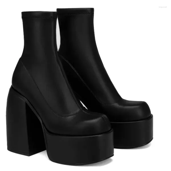 Сапоги современные женские каблуки круглой ноги кожаные ботинки коренастые дизайнерские на молнию