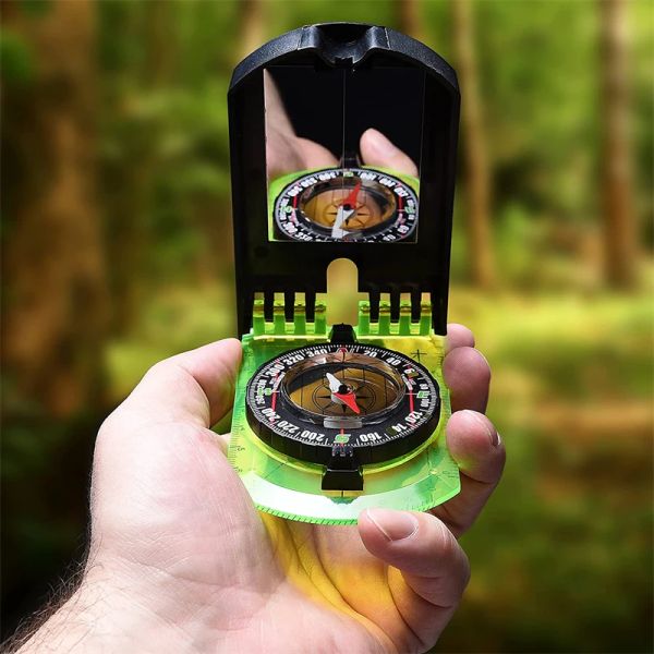 Compass Compass Outdoor Orienta Tool Scale Mapa Régua Mirror Compass com Flip Multifuncional para Caminhar Camping Sobrevivência Compass